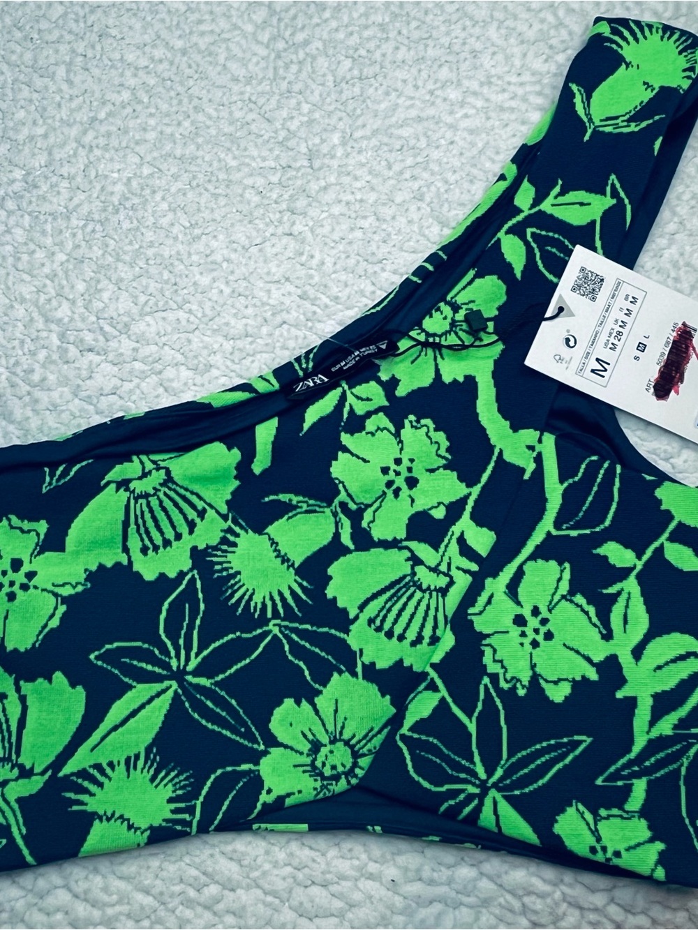 Zara Neon Green and Navy Floral Knit Top